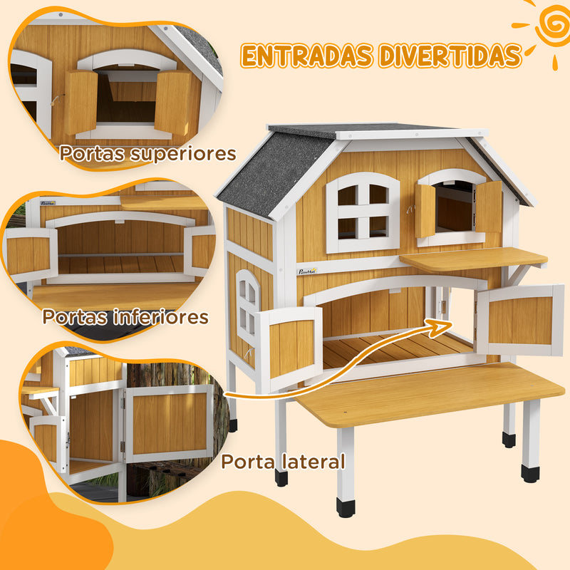 Casa para Gatos de Madeira 78x82x93 cm Casota para Gatos de 2 Níveis Abrigo para Gatos com Telhado Asfáltico Terraço e Plataforma de Salto Natural