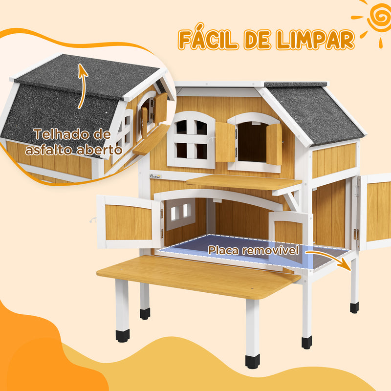 Casa para Gatos de Madeira 78x82x93 cm Casota para Gatos de 2 Níveis Abrigo para Gatos com Telhado Asfáltico Terraço e Plataforma de Salto Natural