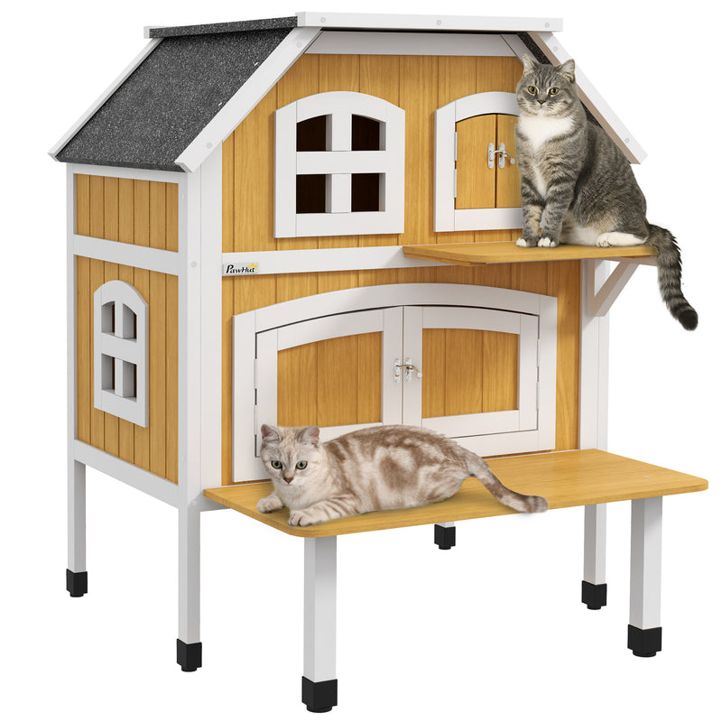 Casa para Gatos de Madeira 78x82x93 cm Casota para Gatos de 2 Níveis Abrigo para Gatos com Telhado Asfáltico Terraço e Plataforma de Salto Natural