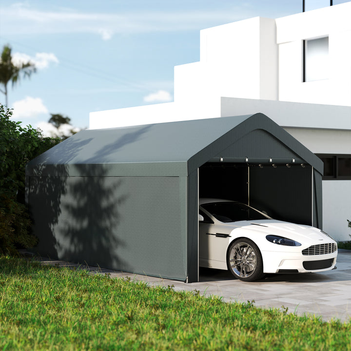 Abrigo de Exterior 6x3 m Garagem de Exterior para Carros Impermeável Abrigo Anti UV com Paredes Laterais Desmontáveis e 2 Portas com Fecho de Correr Cinza Escuro