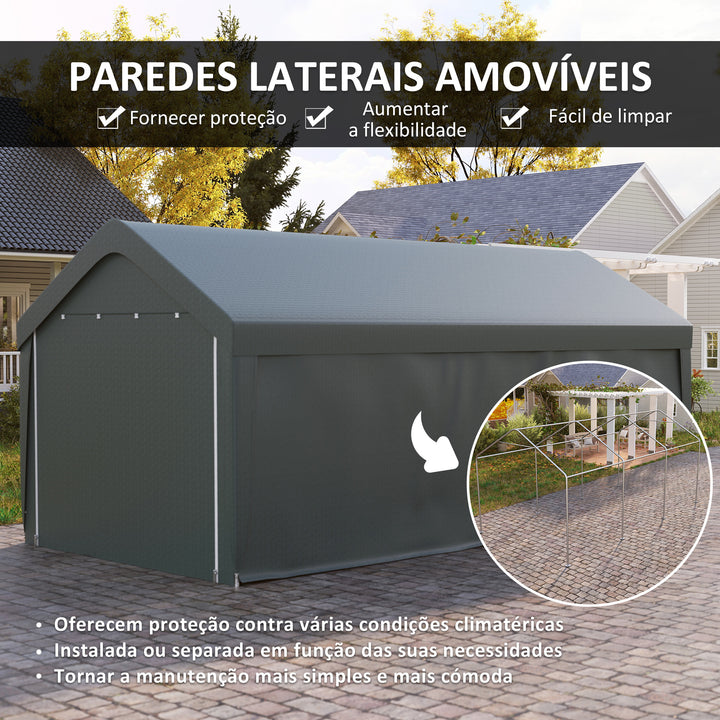 Abrigo de Exterior 6x3 m Garagem de Exterior para Carros Impermeável Abrigo Anti UV com Paredes Laterais Desmontáveis e 2 Portas com Fecho de Correr Cinza Escuro