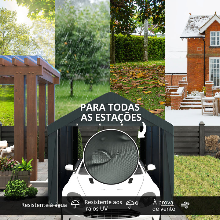Abrigo de Exterior 6x3 m Garagem de Exterior para Carros Impermeável Abrigo Anti UV com Paredes Laterais Desmontáveis e 2 Portas com Fecho de Correr Cinza Escuro