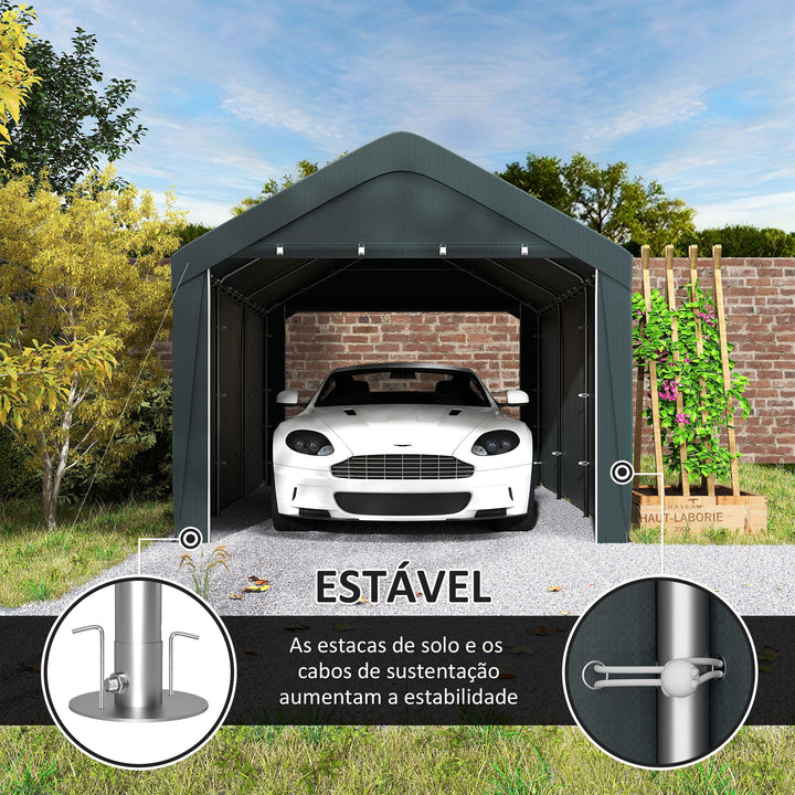 Abrigo de Exterior 6x3 m Garagem de Exterior para Carros Impermeável Abrigo Anti UV com Paredes Laterais Desmontáveis e 2 Portas com Fecho de Correr Cinza Escuro