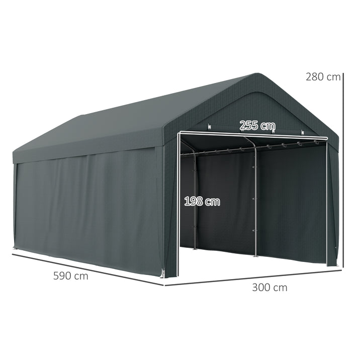 Abrigo de Exterior 6x3 m Garagem de Exterior para Carros Impermeável Abrigo Anti UV com Paredes Laterais Desmontáveis e 2 Portas com Fecho de Correr Cinza Escuro