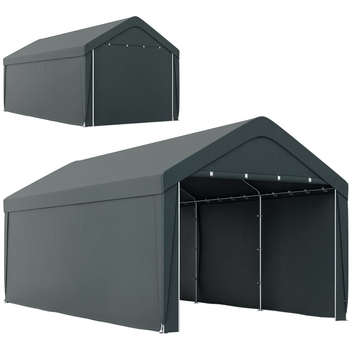 Abrigo de Exterior 6x3 m Garagem de Exterior para Carros Impermeável Abrigo Anti UV com Paredes Laterais Desmontáveis e 2 Portas com Fecho de Correr Cinza Escuro