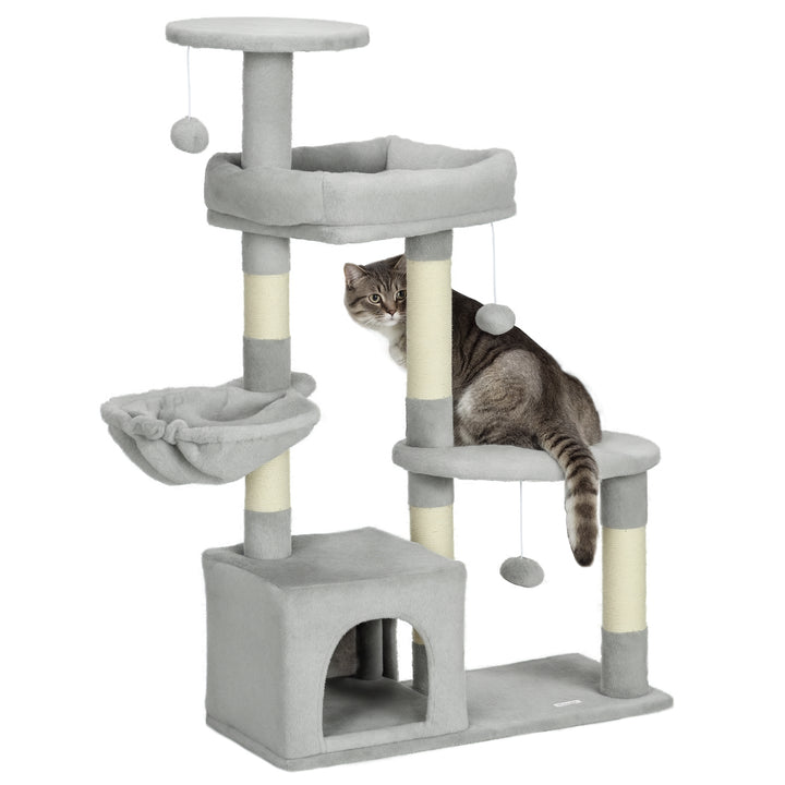 Arranhador para Gatos Altura 104 cm Arranhador para Gatos Torre de Escalada com Postes Arranhadores de Sisal Cova Plataformas e Bolas Suspensas 65x30x104 cm Cinzento Claro