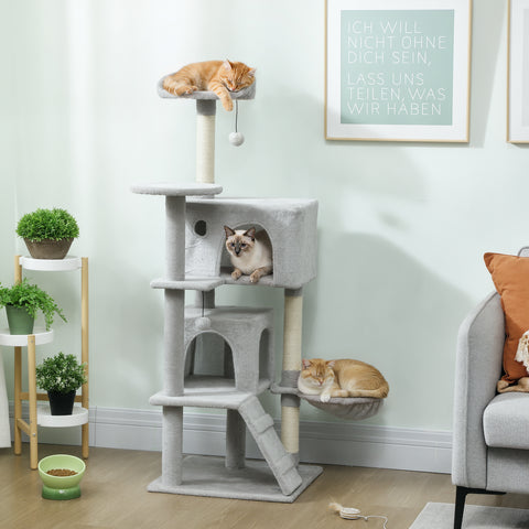 Arranhador para Gatos 140 cm Torre de Escalada com Múltiplas Plataformas Cama 2 Cavernas Rede Escada Postes de Sisal Bolas para Brincar Cinzento Claro