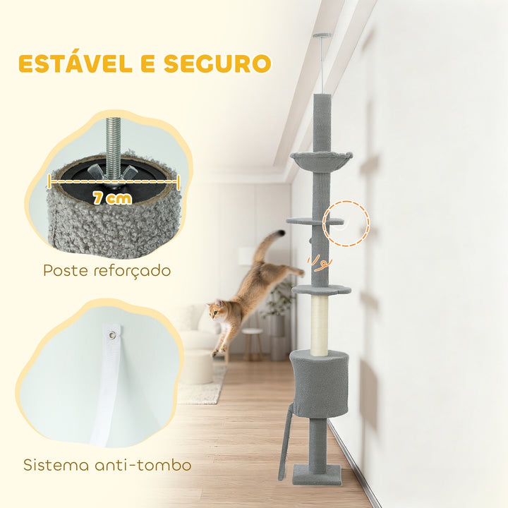 Arranhador para Gatos de Chão a Teto Altura Ajustável de 220-240 cm Torre para Gatos com Rede Plataformas em Flor Cavernas Rampa e Bola Cinza Claro