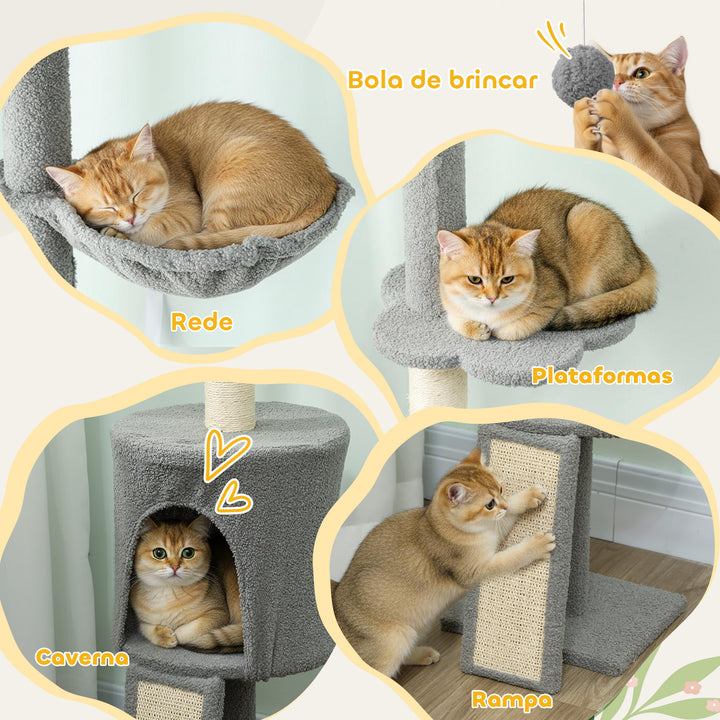 Arranhador para Gatos de Chão a Teto Altura Ajustável de 220-240 cm Torre para Gatos com Rede Plataformas em Flor Cavernas Rampa e Bola Cinza Claro