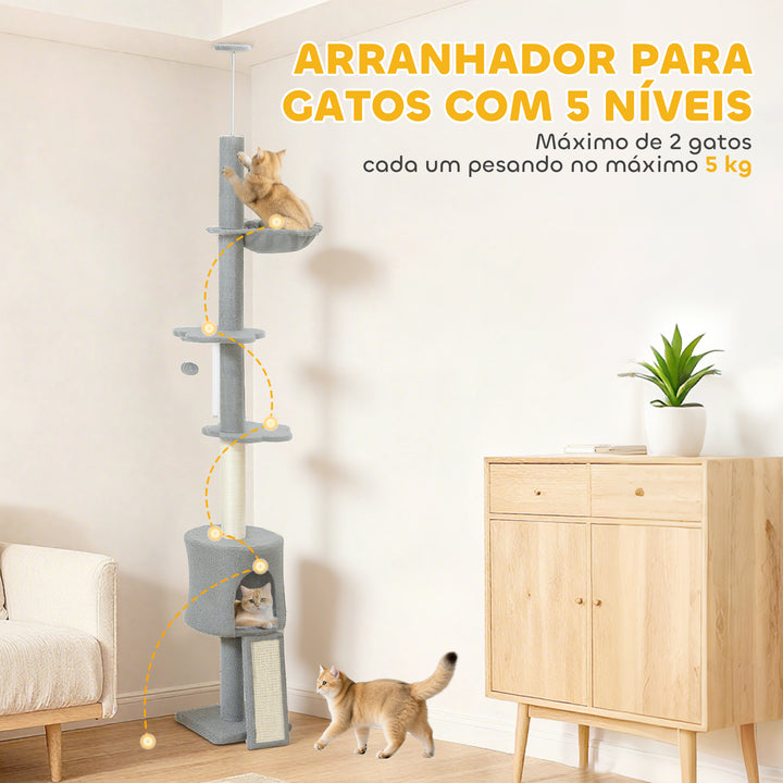 Arranhador para Gatos de Chão a Teto Altura Ajustável de 220-240 cm Torre para Gatos com Rede Plataformas em Flor Cavernas Rampa e Bola Cinza Claro
