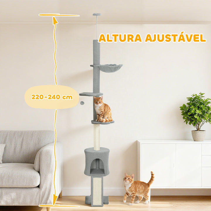 Arranhador para Gatos de Chão a Teto Altura Ajustável de 220-240 cm Torre para Gatos com Rede Plataformas em Flor Cavernas Rampa e Bola Cinza Claro