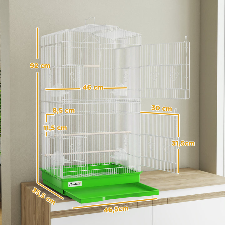 Gaiola para Pássaros, Gaiola de Metal com Portas 4 Comedouros 3 Poleiros Baloiço Bandeja Removível e Alça de Transporte para Loro Canário Periquito 46,5x35,5x92 cm Verde