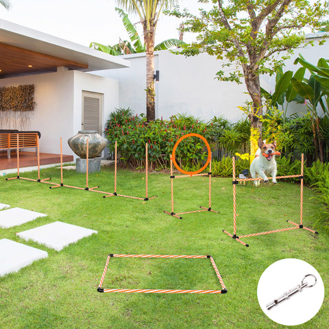 Conjunto de Treino de Agilidade para Cães de 4 Peças Kit Treino Agility para Cães com Slalom Área de Pausa Barreiras e Anel de Salto Laranja