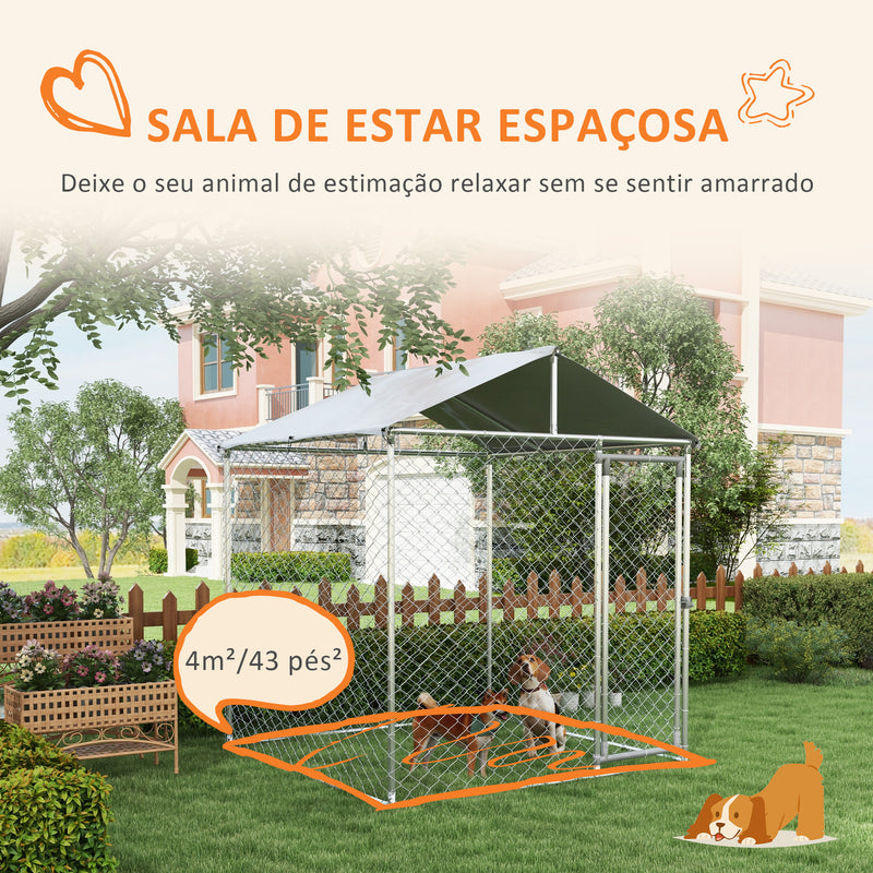 Canil de Exterior para Cães Médios Gaiola para Cães com Fechadura Estrutura de Aço Toldo Impermeável e Anti-UV 200x200x237 cm Prata