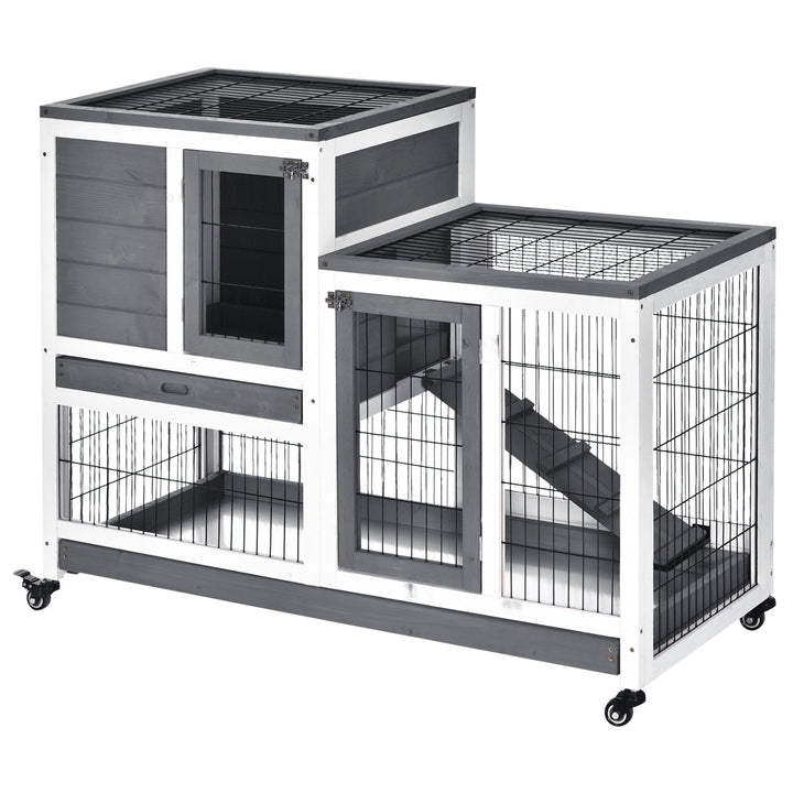Coelheira de Madeira Interior com Rodas Gaiola para Coelhos Animais Pequenos de 2 Pisos com Zona Aberta Rampa e 2 Bandejas Removíveis 110x50x86cm Cinza