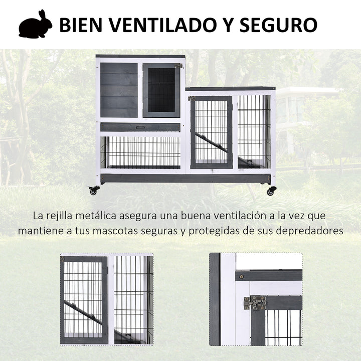Coelheira de Madeira Interior com Rodas Gaiola para Coelhos Animais Pequenos de 2 Pisos com Zona Aberta Rampa e 2 Bandejas Removíveis 110x50x86cm Cinza