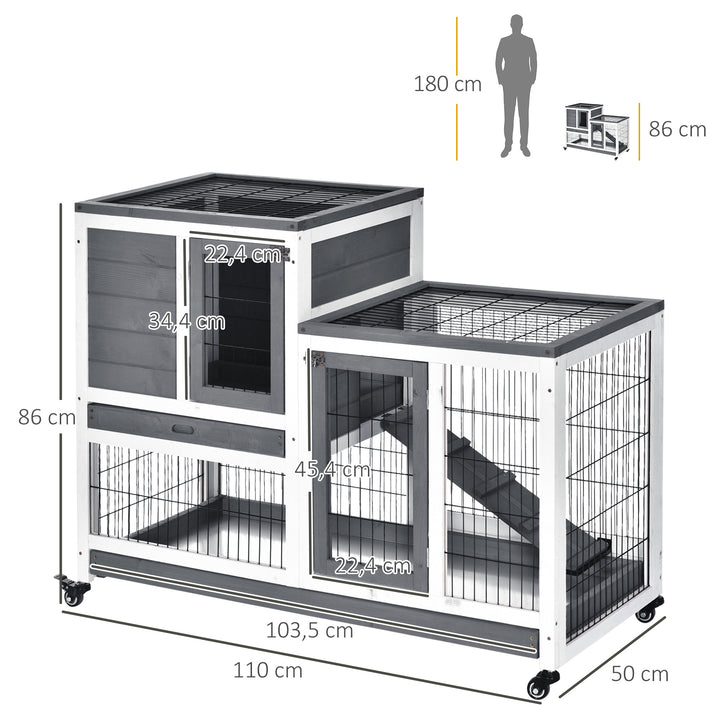 Coelheira de Madeira Interior com Rodas Gaiola para Coelhos Animais Pequenos de 2 Pisos com Zona Aberta Rampa e 2 Bandejas Removíveis 110x50x86cm Cinza