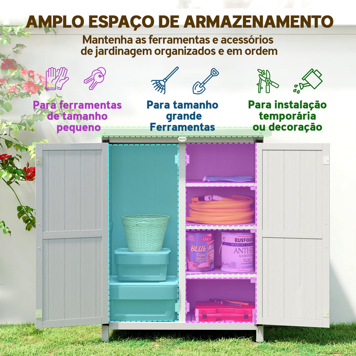 Armário de Jardim de Madeira 75x40x90 cm Armário de Exterior Armário para Armazenamento de Ferramentas com 4 Prateleiras 2 Portas e Telhado de Chapa Galvanizada Cinzento