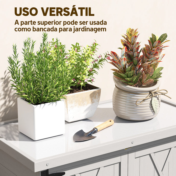 Armário de Jardim de Madeira 75x40x90 cm Armário de Exterior Armário para Armazenamento de Ferramentas com 4 Prateleiras 2 Portas e Telhado de Chapa Galvanizada Cinzento
