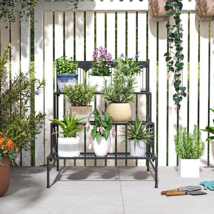 Suporte para Plantas de 3 Níveis Estante para Plantas com Desenho em Escada Suporte para Vasos de Plantas para Interior e Exterior 73x66x85 cm Preto