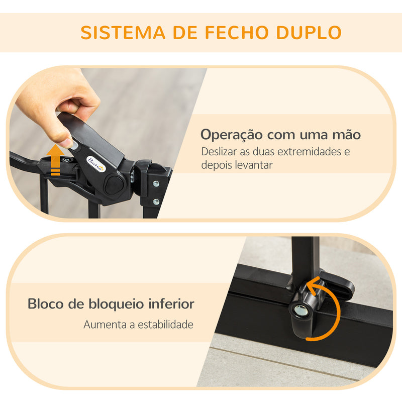 Barreira de Segurança para Cães com Porta Pequena Barreira para Animais de Estimação Extensível com Fechamento Automático e Sistema Duplo de Bloqueio 74-101x104,1 cm Preto