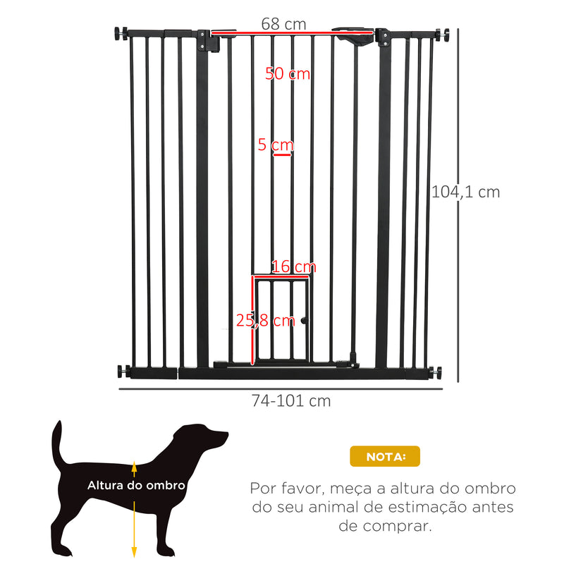 Barreira de Segurança para Cães com Porta Pequena Barreira para Animais de Estimação Extensível com Fechamento Automático e Sistema Duplo de Bloqueio 74-101x104,1 cm Preto