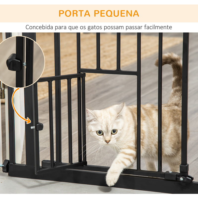 Barreira de Segurança para Cães com Porta Pequena Barreira para Animais de Estimação Extensível com Fechamento Automático e Sistema Duplo de Bloqueio 74-101x104,1 cm Preto