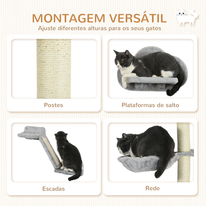 Conjunto de Prateleiras de Escalada para Gatos de 3 Peças Prateleiras de Parede para Gatos com Rede Rampa Arranhador Plataforma em Forma de Nuvem para Saltar Cinzento