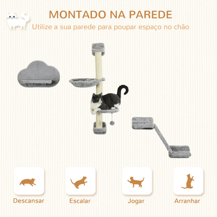 Conjunto de Prateleiras de Escalada para Gatos de 3 Peças Prateleiras de Parede para Gatos com Rede Rampa Arranhador Plataforma em Forma de Nuvem para Saltar Cinzento
