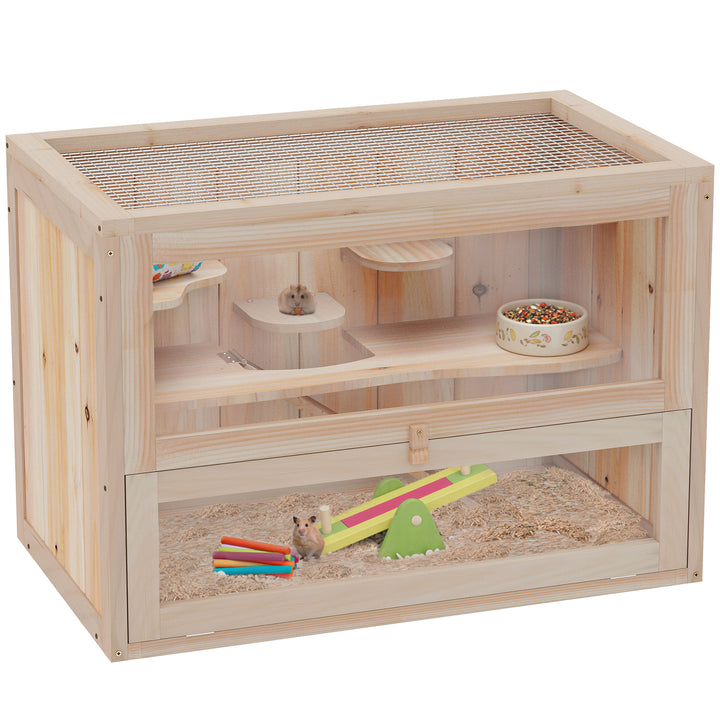 Gaiola de madeira para hamsters e outros pequenos roedores Casa para animais de 2 níveis 60x35x42cm