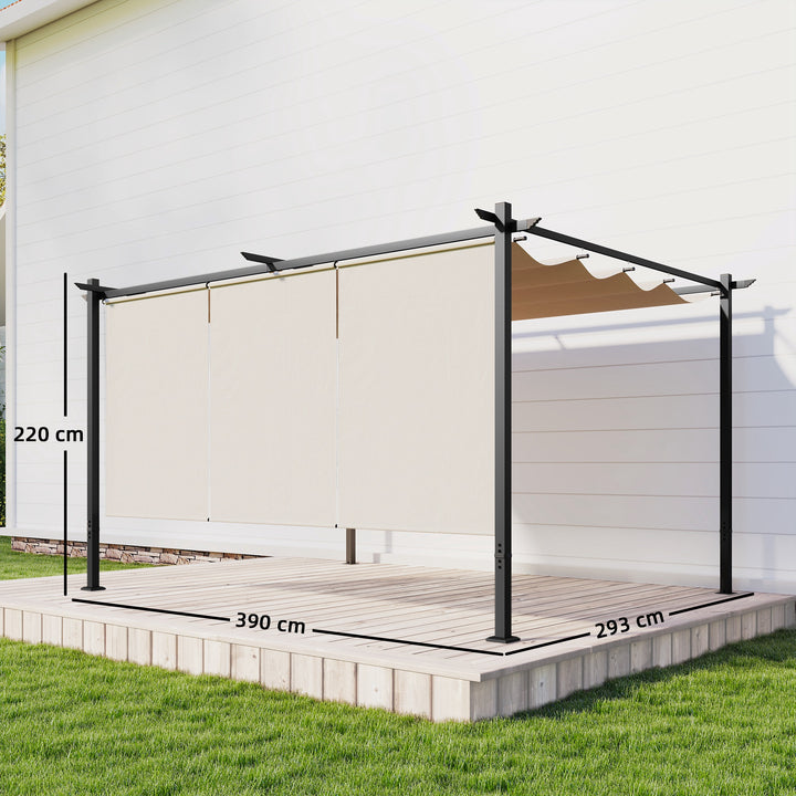 Pérgola com Teto Retrátil Pérgola de 390x293x220 cm Pérgola de Parede ou Independente com Lados Enroláveis Proteção UV30+ Pérgola para Jardim Patio Exterior Bege
