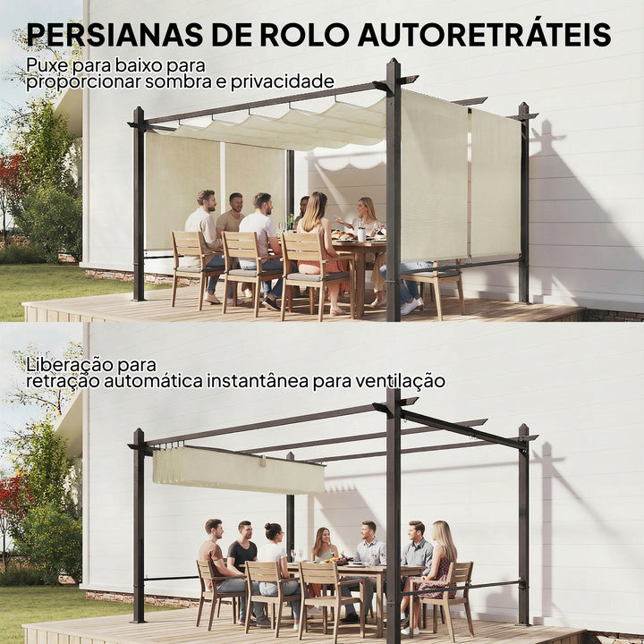 Pérgola de Jardim 4x3 m com Telhado Retrátil e Cortinas Automáticas Proteção UPF50+ Estrutura de Alumínio Drenagem Creme