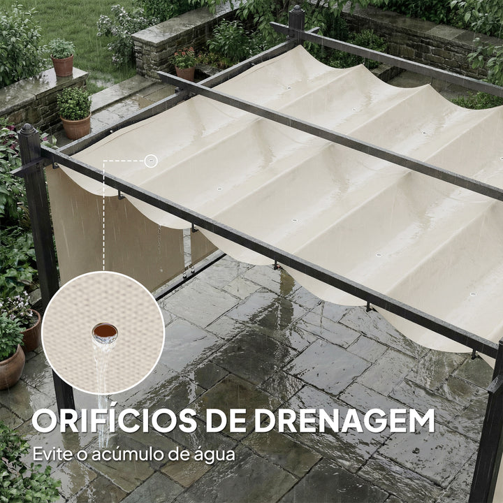 Pérgola de Jardim 4x3 m com Telhado Retrátil e Cortinas Automáticas Proteção UPF50+ Estrutura de Alumínio Drenagem Creme