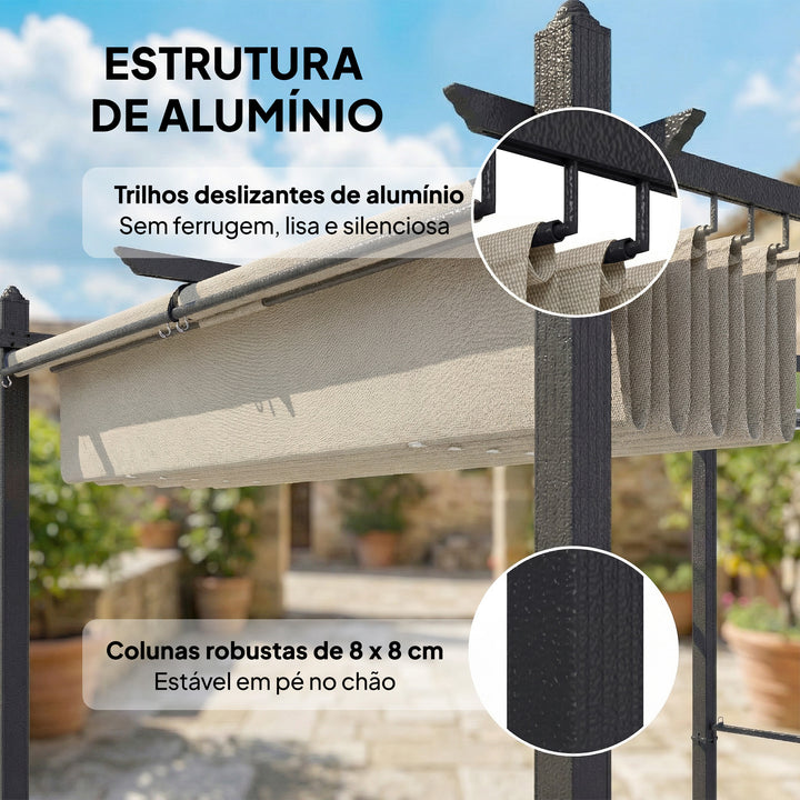 Pérgola de Jardim 4x3 m com Telhado Retrátil e Cortinas Automáticas Proteção UPF50+ Estrutura de Alumínio Drenagem Creme