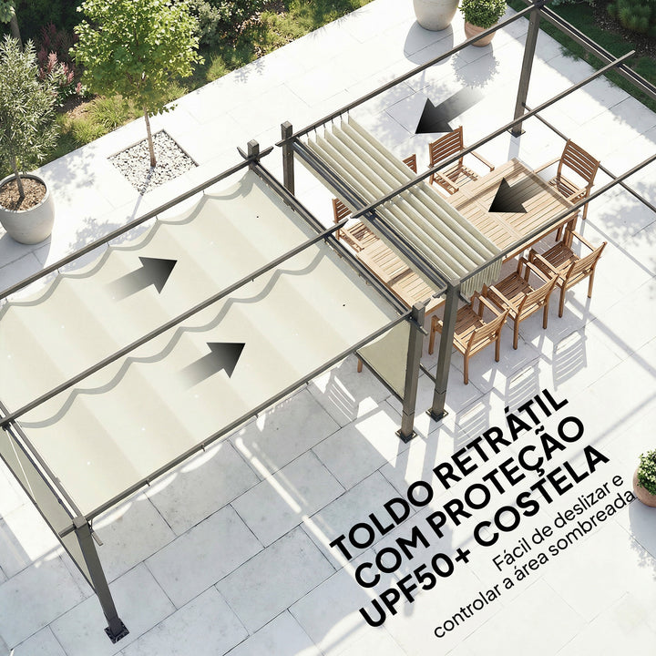 Pérgola de Jardim 4x3 m com Telhado Retrátil e Cortinas Automáticas Proteção UPF50+ Estrutura de Alumínio Drenagem Creme