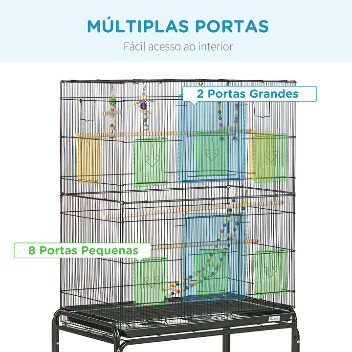 Gaiola para Pássaros com Rodas 79x49x133 cm Gaiola Metálica Grande com Suporte 4 Comedouros 3 Poleiros Brinquedos Bandeja Amovível e Prateleira para Canários Periquitos Preto
