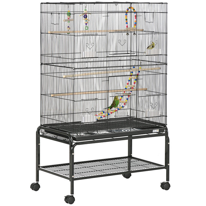 Gaiola para Pássaros com Rodas 79x49x133 cm Gaiola Metálica Grande com Suporte 4 Comedouros 3 Poleiros Brinquedos Bandeja Amovível e Prateleira para Canários Periquitos Preto