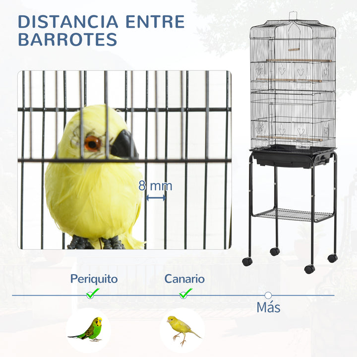 Gaiola para Passáros com Suporte Gaiola Metálica de Aves Canários com 4 Rodas Portas 4 Comedouros 3 Poleiros Bandeja Removível e Prateleira Inferior 46,5x36x157cm Preto