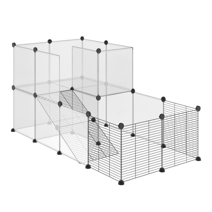 Recinto para Animais Pequenos Parque para Animais de Estimação com 27 Painéis e Forma Personalizável para Coelhos Chinchilas 140x70x70 cm Transparente e Preto