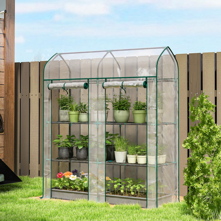 Estufa Pequena de 3 Níveis, Estufa de Exterior com 2 Portas Enroláveis, Estrutura de Aço e Cobertura de Plástico Anti-UV para Cultivo de Plantas, Flores, 143x46x165 cm, Transparente
