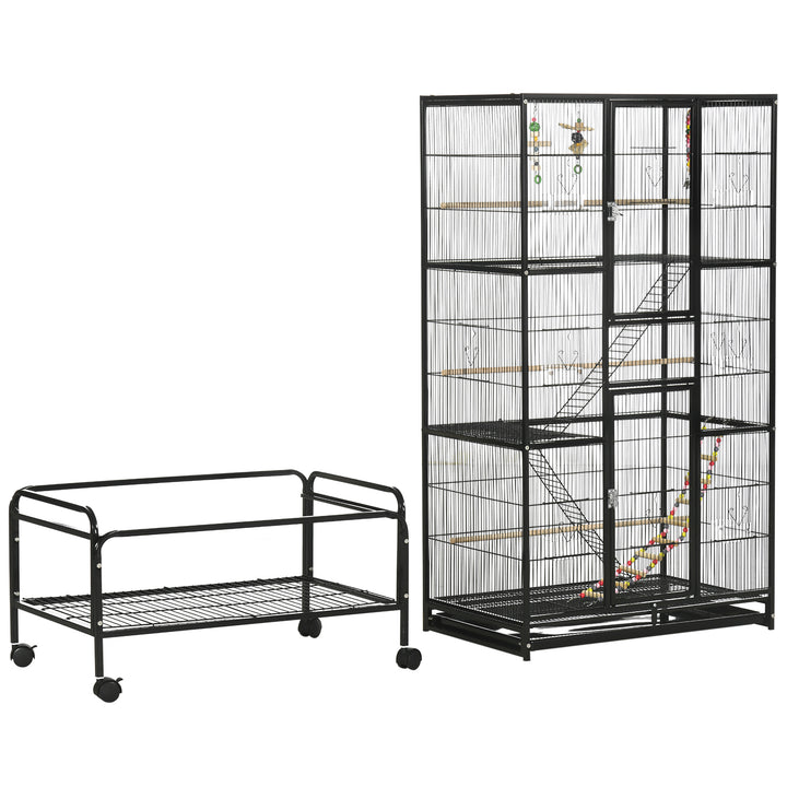 Gaiola para Pássaros com Rodas 83x53x180 cm Gaiola Metálica de 3 Níveis com 3 Poleiros Comedouros Brinquedos Rampas e Prateleira de Armazenamento para Canários Periquitos Preto