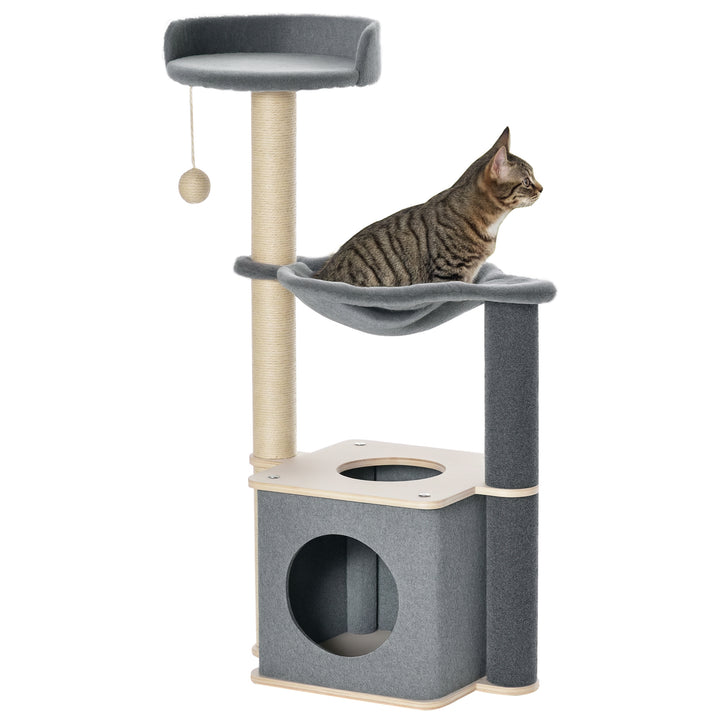 Árvore Arranhador para Gatos Árvore para Escalar Brincar e Descansar com Rede Plataformas Caverna Bola Suspensa e Poste de Sisal para Aranhar 48x34x95cm Cinza