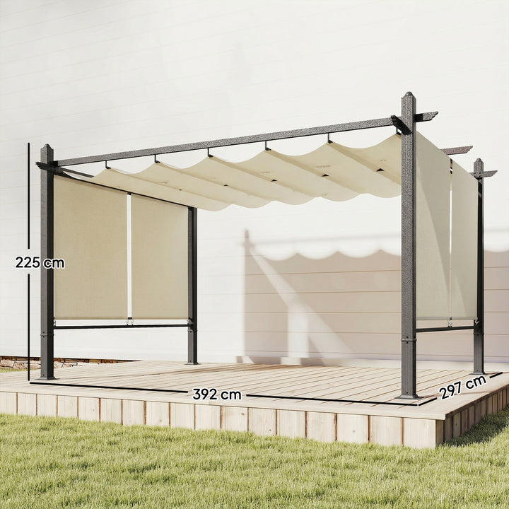 Pérgola de Jardim 4x3 m com Telhado Retrátil e Cortinas Automáticas Proteção UPF50+ Estrutura de Alumínio Drenagem Creme