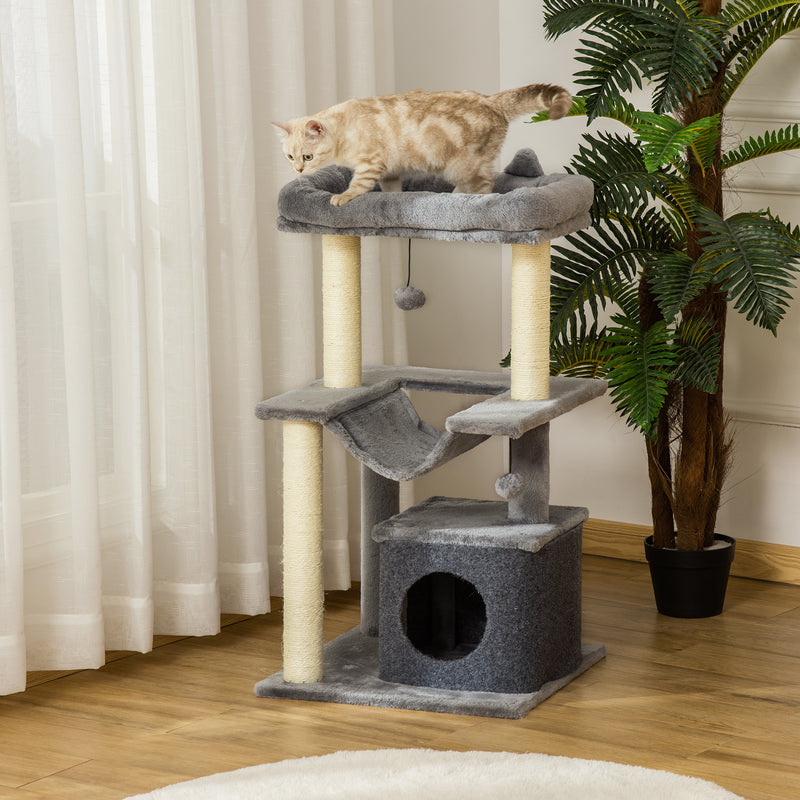 Arranhador para Gatos Altura 90 cm Torre para Gatos de 3 Níveis com Caverna Rede Plataforma Bolas Suspensas e Poste de Sisal 48x48x90 cm Cinza