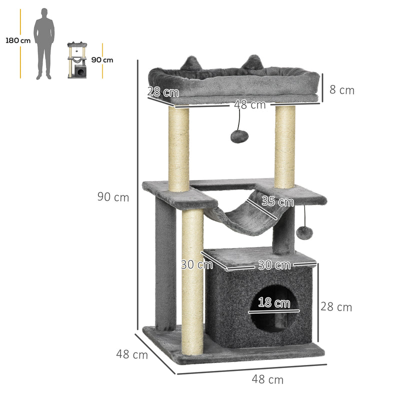 Arranhador para Gatos Altura 90 cm Torre para Gatos de 3 Níveis com Caverna Rede Plataforma Bolas Suspensas e Poste de Sisal 48x48x90 cm Cinza