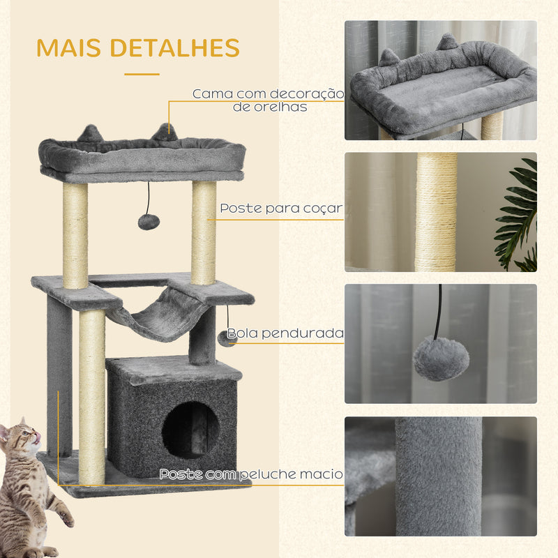 Arranhador para Gatos Altura 90 cm Torre para Gatos de 3 Níveis com Caverna Rede Plataforma Bolas Suspensas e Poste de Sisal 48x48x90 cm Cinza