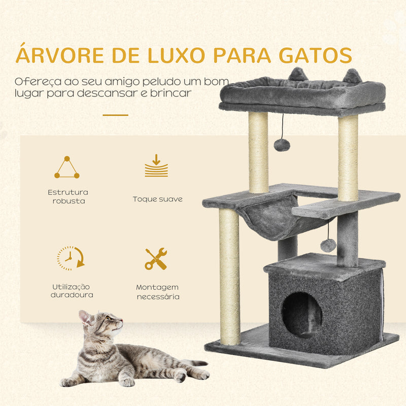 Arranhador para Gatos Altura 90 cm Torre para Gatos de 3 Níveis com Caverna Rede Plataforma Bolas Suspensas e Poste de Sisal 48x48x90 cm Cinza