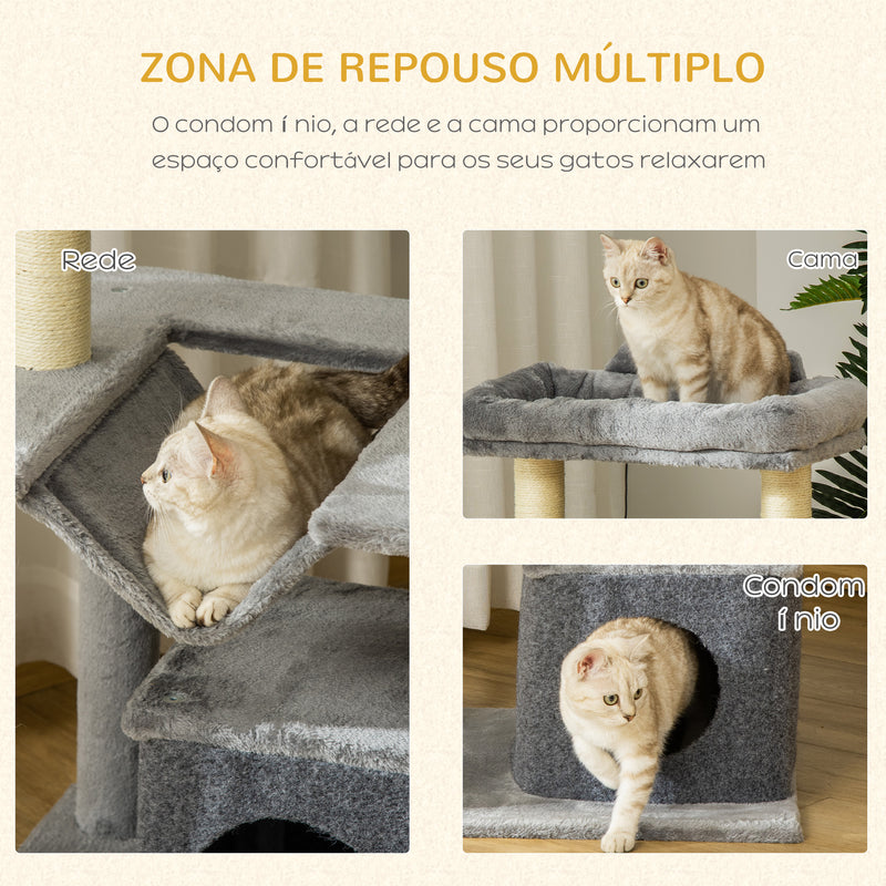 Arranhador para Gatos Altura 90 cm Torre para Gatos de 3 Níveis com Caverna Rede Plataforma Bolas Suspensas e Poste de Sisal 48x48x90 cm Cinza