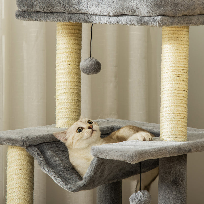 Arranhador para Gatos Altura 90 cm Torre para Gatos de 3 Níveis com Caverna Rede Plataforma Bolas Suspensas e Poste de Sisal 48x48x90 cm Cinza