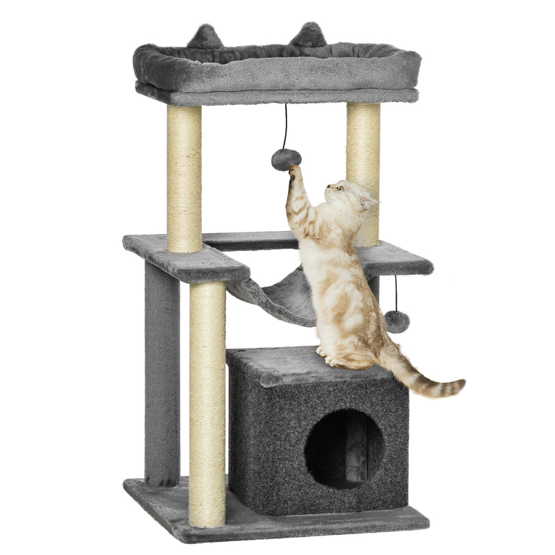 Arranhador para Gatos Altura 90 cm Torre para Gatos de 3 Níveis com Caverna Rede Plataforma Bolas Suspensas e Poste de Sisal 48x48x90 cm Cinza